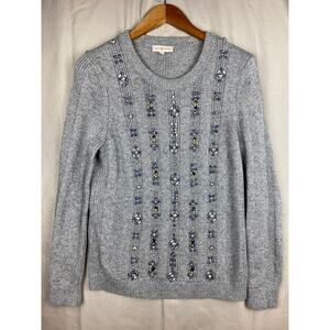 Womens Tory Burch Etta Embellished Gray Sweater size Large Wool Blend Crew Neck